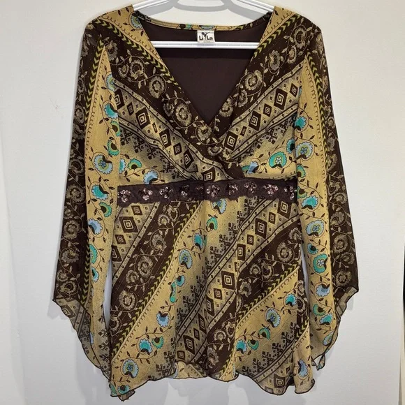 Brown Boho Y2K V-Neck Bell Sleeve Blouse M - Picture 3 of 14